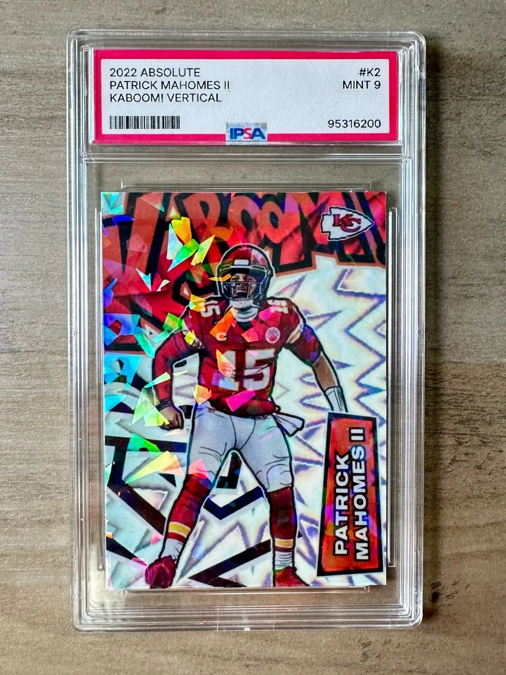 Patrick Mahomes 2022 Panini Kaboom #K2 Holo Mint 9 Novelty Football Card.